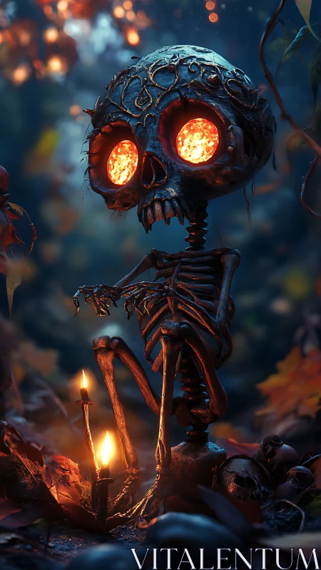 Ember-eyed forest skeleton keeps candlelit autumn vigil.