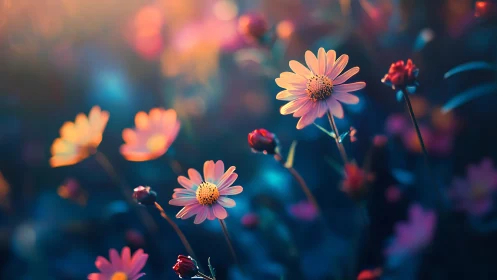 Neon Daisies Blooming in Twilight Haze.