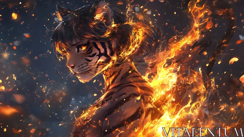 Fierce tiger hybrid turns to gaze through swirling wildfire