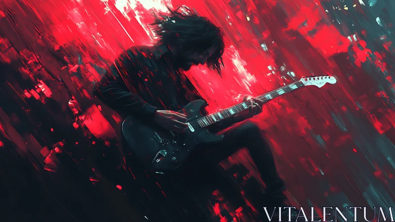 Electric guitarist explodes with energy in a blazing red storm