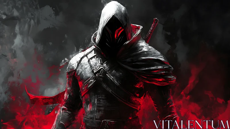 Hooded rogue emerges from crimson smoke in high-contrast digital art