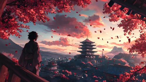 Figure overlooking pagoda city under red autumn foliage.
