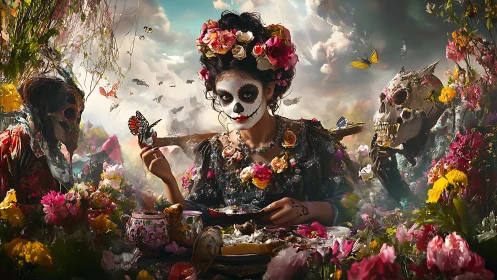 Calavera muse amid baroque floral altar and spectral figures.