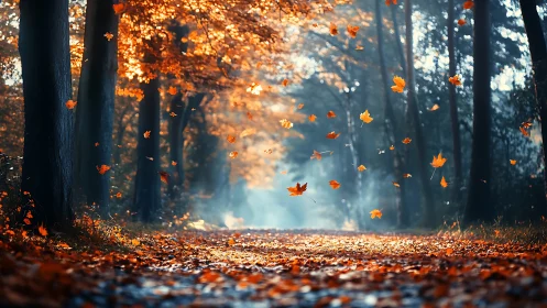 Golden Autumn Leaves Dance Through Misty Forest Sunlight