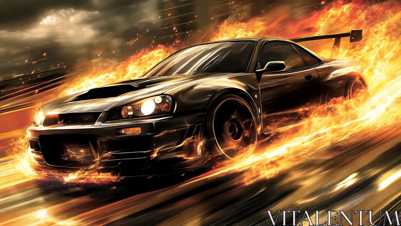 Black sports car cuts flaming track with explosive speed