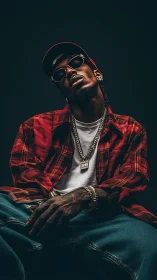 Male subject in streetwear with jewelry against dark backdrop.