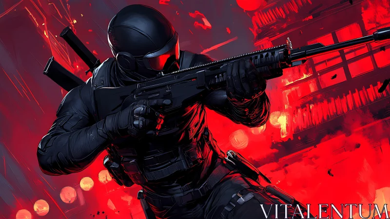 Tactical assault operative advancing through stylized urban firestorm