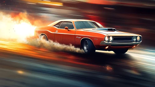 Orange muscle car tears through neon streaks at full speed.