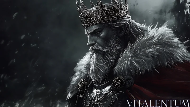 Brooding elder king in fur cloak on stormy throne-world.