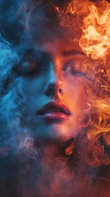 Surreal portrait merges fire and ice around serene face.
