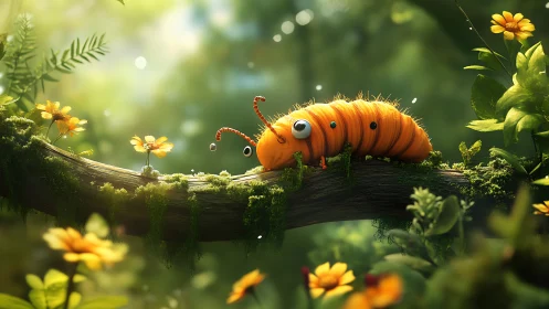 Playful orange caterpillar explores a glowing mossy branch.