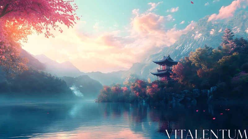 Lakeside pagoda under pastel dawn sky in misty mountains.