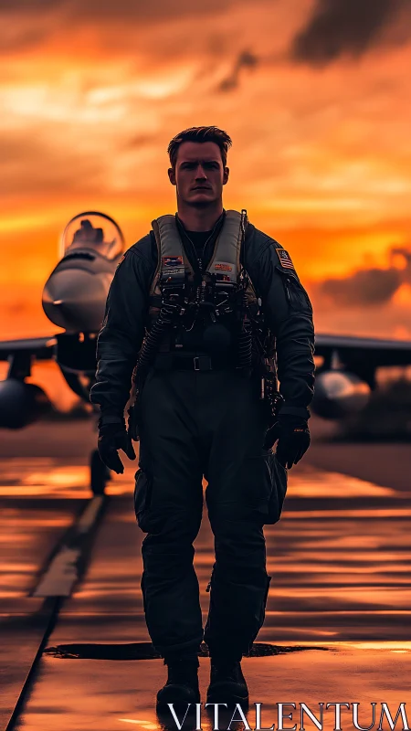 Fighter pilot strides toward camera against dramatic sunset sky