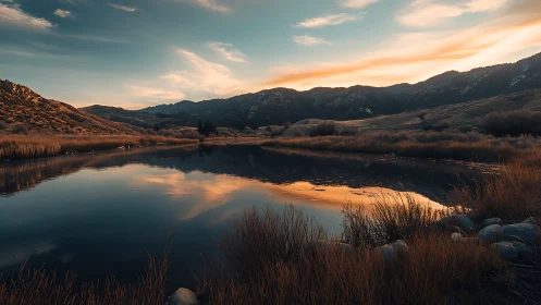 Sunset reflections over tranquil mountain lakeshore panorama.