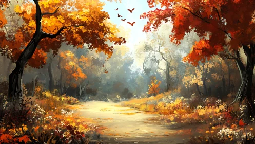 Autumn forest landscape with water feature.