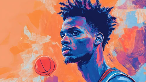 Basketball player profile in abstract orange blue palette.