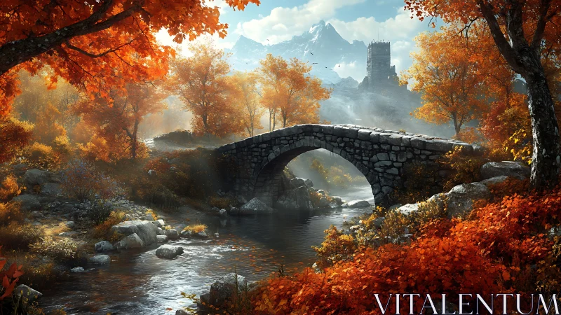 Stone arch bridge in autumn valley with distant mountain keep