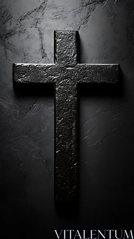 Textured black stone cross on matte dark slate background