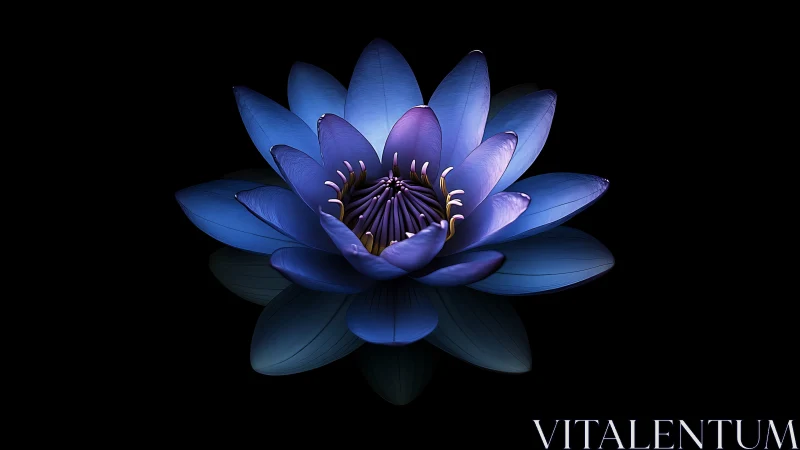 Blue lotus flower with purple center on black background
