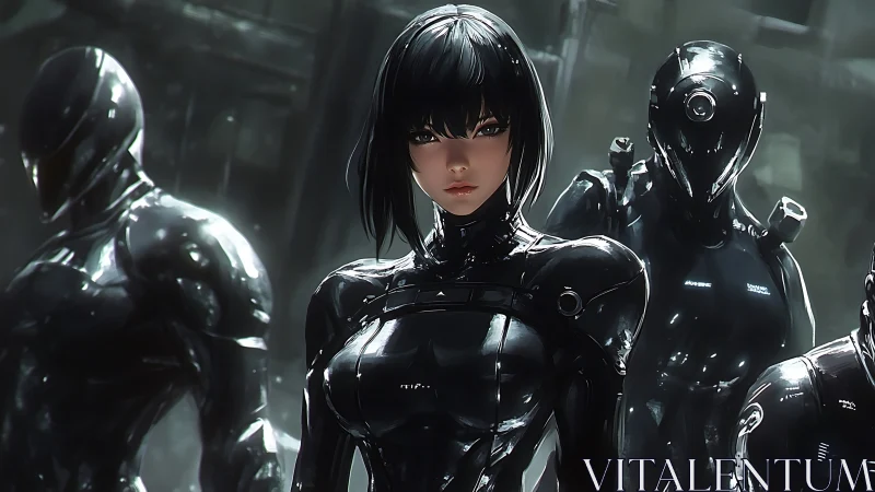 Black haired woman in armored suit leads three androids