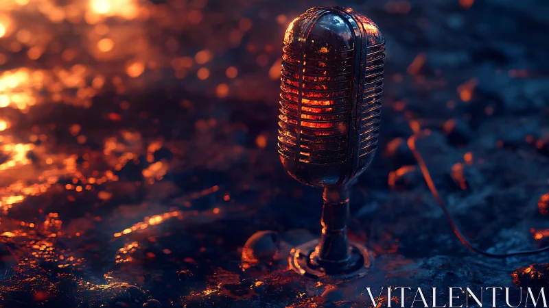 Vintage metal microphone stands glowing on wet reflective ground
