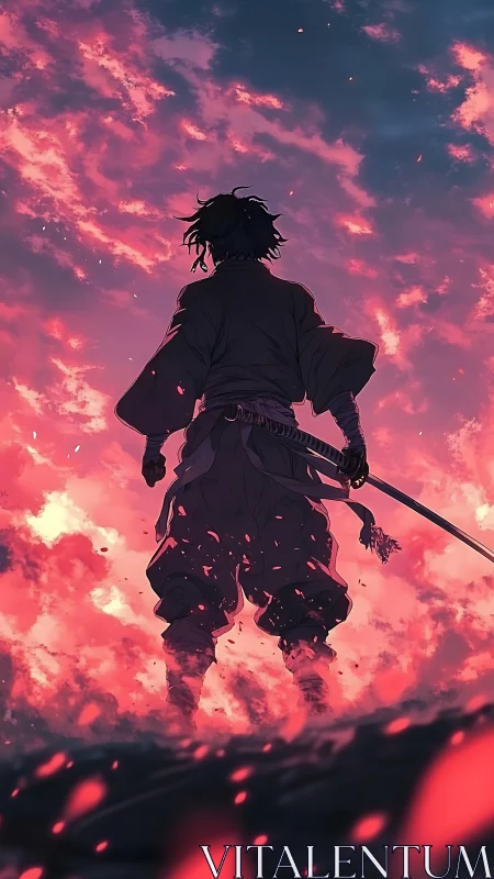 Lone wandering swordsman under a glowing ember sky at dusk.