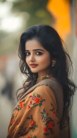 Photorealistic portrait in shallow depth, floral sari styling.