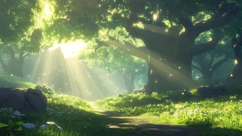 Sunlit forest clearing reveals winding mossy path