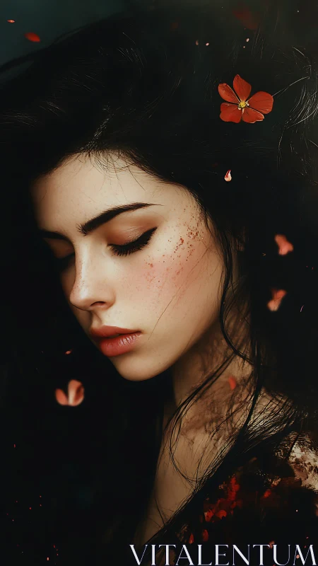 Melancholic woman with red petals drifts in poetic shadow