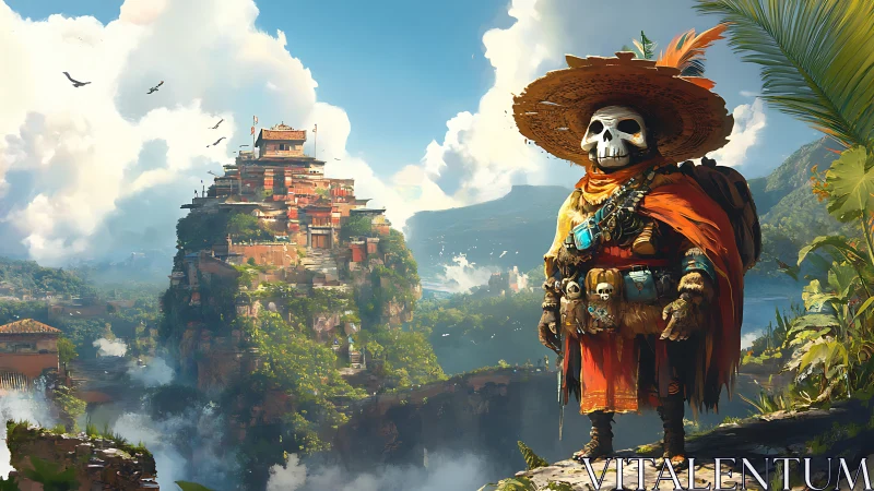 Skull-masked wanderer surveys a lush cliffside citadel.