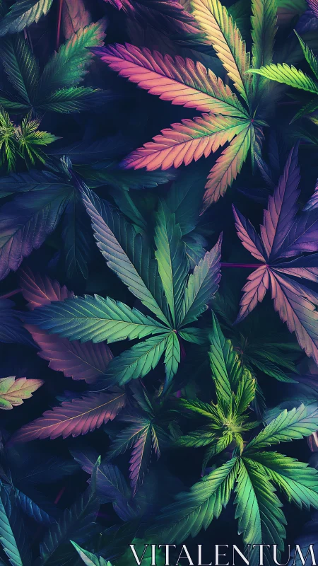 Multicolor cannabis leaf canopy under neon gradient lighting