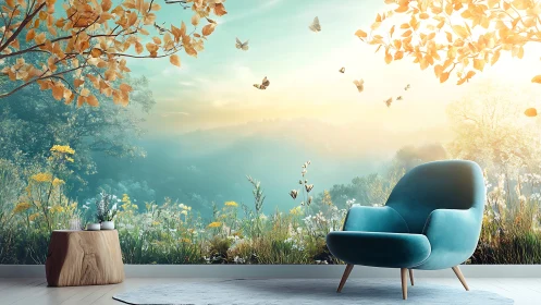 Teal lounge chair before dreamy spring meadow mural.