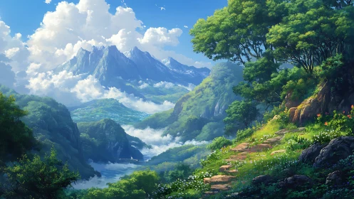 Sunlit mountain path daydreams its way through misty valleys