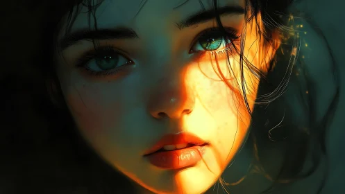 Young woman&rsquo;s illuminated face shows detailed digital rendering