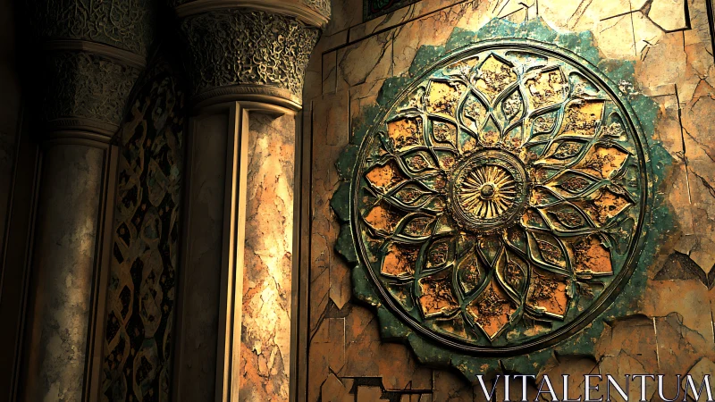 Sunlit carved medallion on a timeworn stone temple wall.