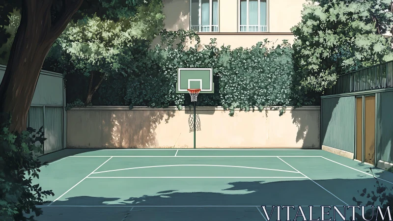 Private outdoor basketball court is enclosed by foliage and walls