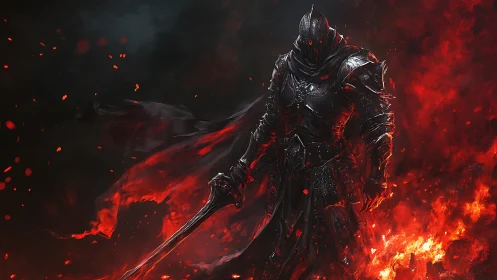 Dark armored knight stands within roiling infernal fire