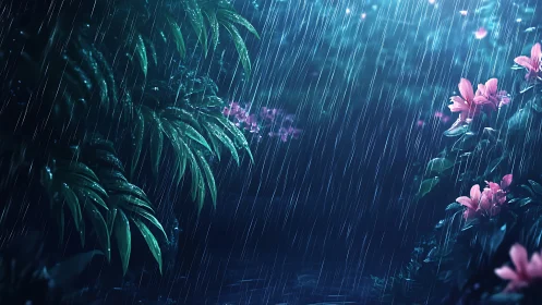 Rain falls over wet tropical leaves and pink flowers