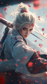 Fierce white‑haired warrior in a storm of scarlet petals.