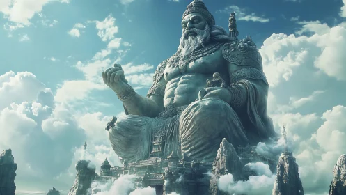 Monumental celestial deity statue in mist-laden mountain citadel.