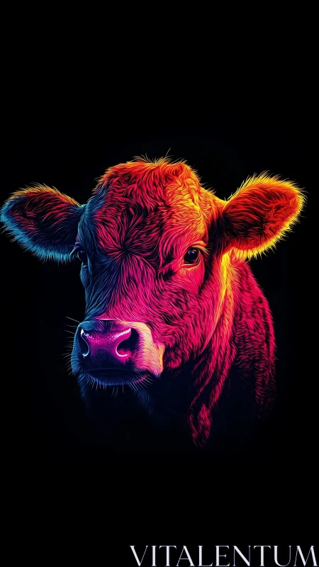 Neon colored cow portrait on deep black background.