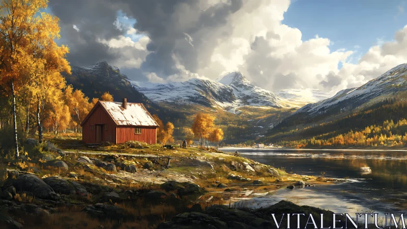 Cozy red cabin beside a tranquil lake in golden autumn light.