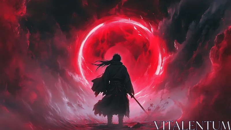 Solitary robed figure before circular red vortex in clouds.