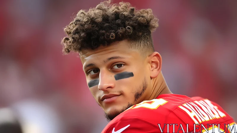 Football player in red jersey looking over shoulder.
