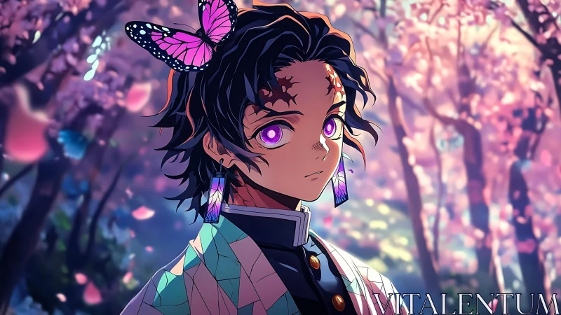 Anime portrait under luminous sakura canopy with butterflies.