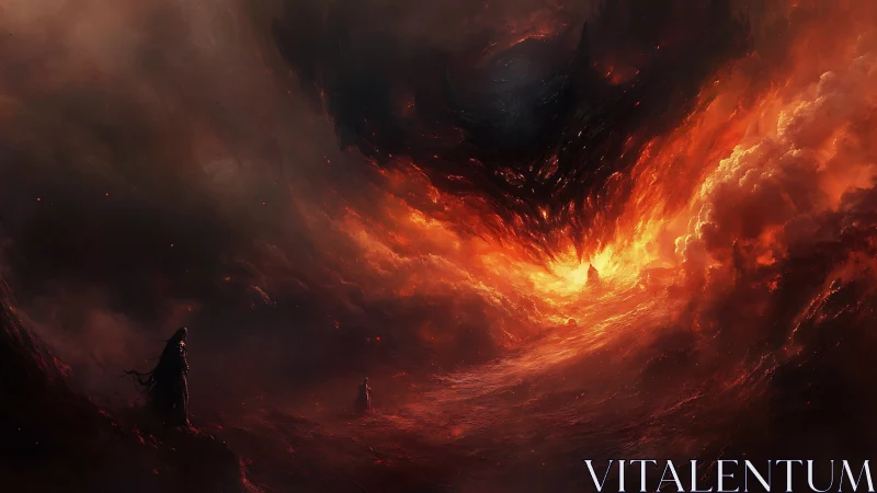 Dark fiery vortex over cloaked figures in stormy void.