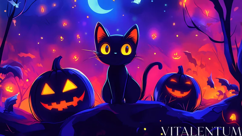 Black Cat and Jack-O'-Lanterns in Neon Halloween Night