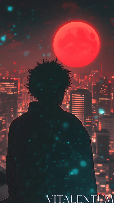 Silhouetted watcher contemplates neon city under a blood moon