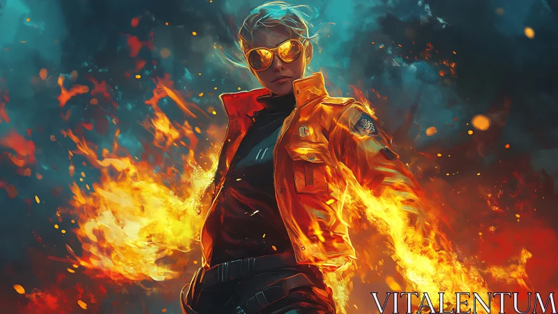 Human figure in orange jacket surrounded by controlled flames.