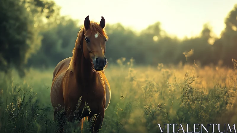 Chestnut horse stands in sunlit meadow at golden hour